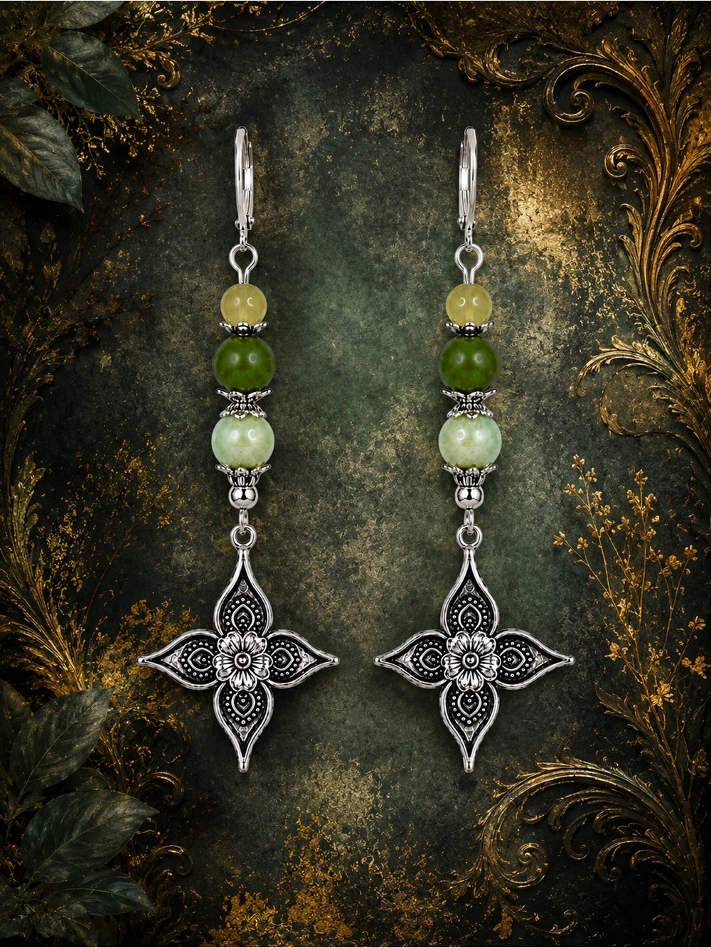 Green Glass Floral Cross Dangles, Art Nouveau, Silver Tone MTO